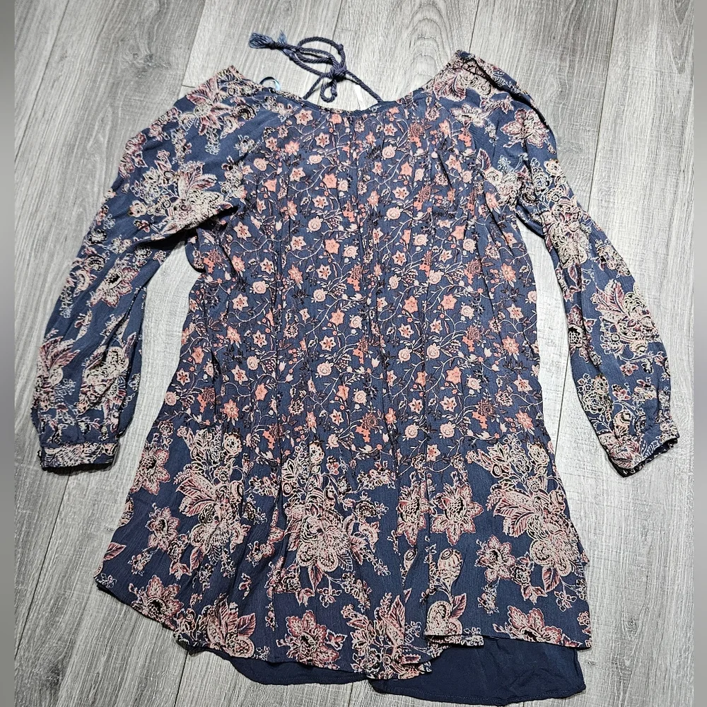 Free people Boho Paisley Blue Floral Lucky Loosey hang Swing Shift dress Large - Picture 6 of 9